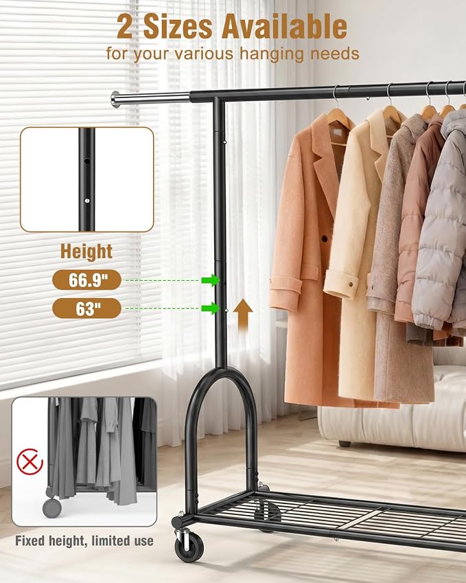 EAGMAK Heavy Duty Clothes Rack for Hanging Clothes Load 424 LBS, Height Adjustable Rolling Clothing Racks, Portable Metal Coat Rack Garment Wardrobe with Wheels and Shelves for Bedroom Laundry, Black