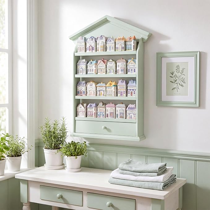 Chunful Vintage Spice Jar Wooden Rack with 4 Tier Hanging Spice Rack Wall Mounting Kitchen Storage Village Style Display Shelf for 24 Jar, Christmas Wedding Bridal Gift, Shelf Only(Classic Sage Green)