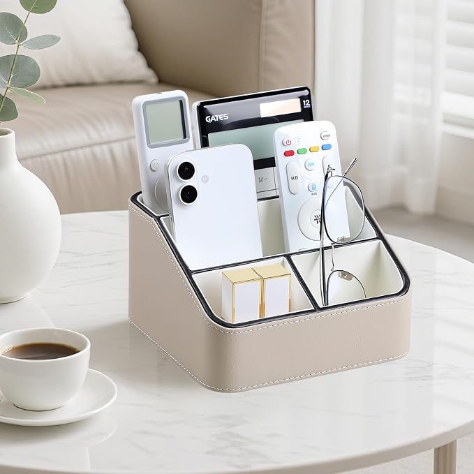 PU Leather Remote Control Holder, Nightstand Organizer with 4 Compartments | Luxury Desk Caddy with Velvet Lining, Small Desk Organizer for Living Room, Bedroom, Bedside, End Table, 6.8" x 6.7" x 4"