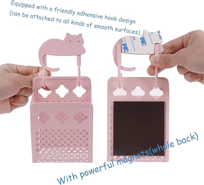 2 Pack Magnetic Pen Holder, Strong Magnet Dry Erase Marker Holder | Metal Mesh Pencil Organizer Hanging Pencil Holder for Refrigerator, Whiteboard, Locker Accessories, with Hook, Blush ﻿