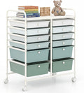 GOFLAME 12-Drawer Rolling Storage Cart, Multipurpose Organizer with 2 Sizes Plastic Drawers, Mobile Utility Cart with Lockable Casters for Home, Office, Beauty Salon, School, Green Gradient