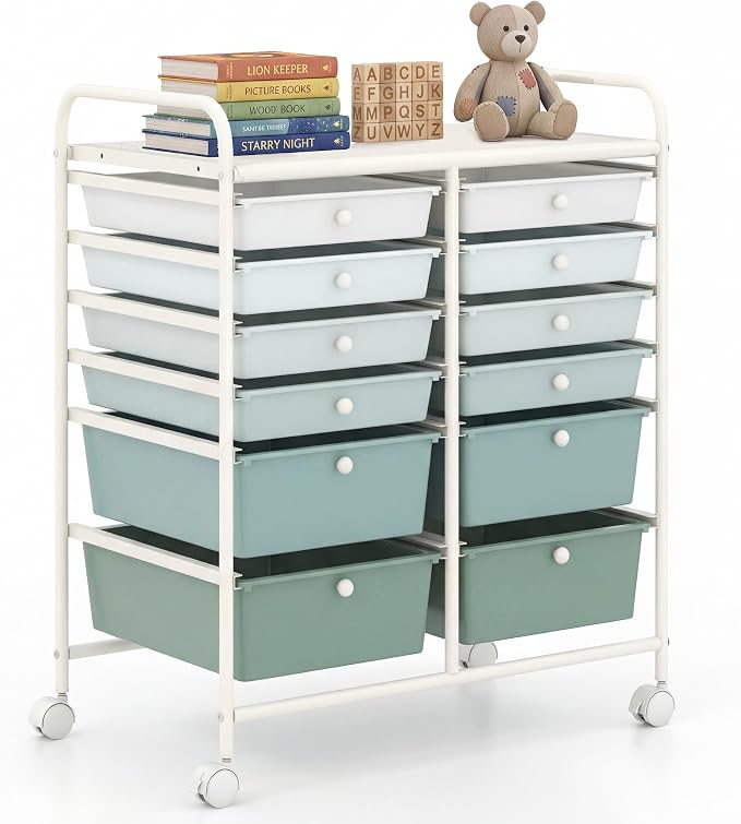 GOFLAME 12-Drawer Rolling Storage Cart, Multipurpose Organizer with 2 Sizes Plastic Drawers, Mobile Utility Cart with Lockable Casters for Home, Office, Beauty Salon, School, Green Gradient