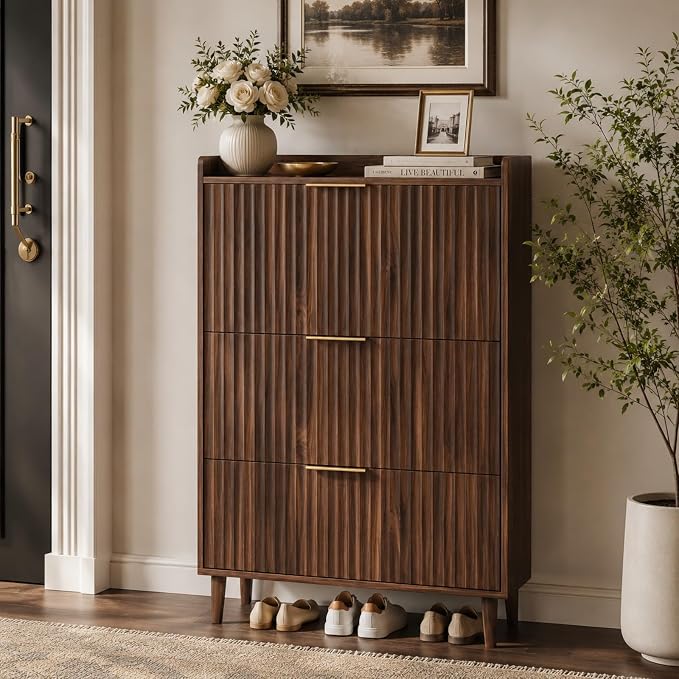 VINGLI Fluted Shoe Storage Cabinet for Entryway with 3 Flip Drawers, Narrow Shoe Organizer with Fluted Panel, Freestanding Wood Hidden Shoe Cabinet for Foyer, Hallway (Dark Walnut, 3 Flip Drawers)