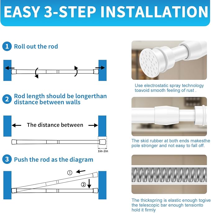 AIZESI 2 Pack Tension Curtain Rods for Windows 27 to 38 inch, Adjustable Expandable Pressure Spring Curtain Rods No Drilling, White Tension Rods for Bedroom Closet Door