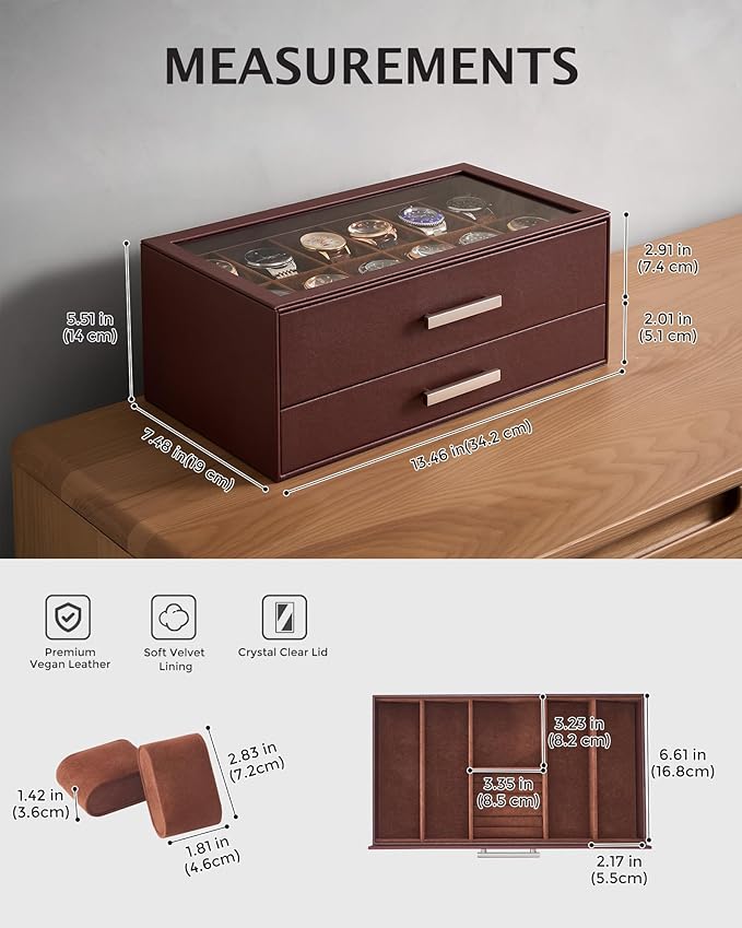ProCase 12-Slot Watch Case for Men, 2-Tier Pull-Out Drawers Box -Espresso | Fathers Day Gift for Dad Men with Display Clear Top Lid, Jewelry Sunglasses Storage Organizer, Anniversary Birthday Gifts