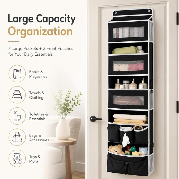1 Pack Over The Door Organizer Storage, Hanging Organizer Closet with 5 Large Pockets 6 Mesh Pockets, 50 lbs Weight Capacity, Behind Door Storage for Closet Nursery Bedroom Bathroom (Black)