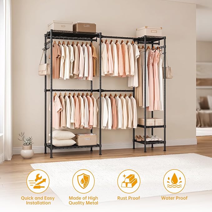Kryonix 900lbs Expandable Garment Rack - Black | Adjustable 70"-88.2" wide with 5 rods & 6 shelves. 900lbs cap. Freestanding metal closet organizer for bedroom laundry.