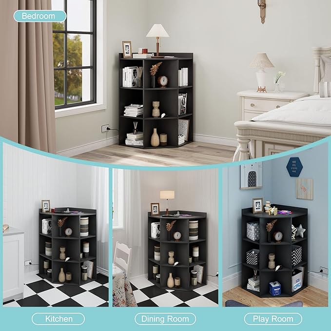 HedoAjim Corner Cabinet, Corner Storage Shelf with USB Ports and Outlets Industrial Organizer for Small Space Wooden 9-Cubby Bookshelf for Study, Playroom, Living Room (Black)