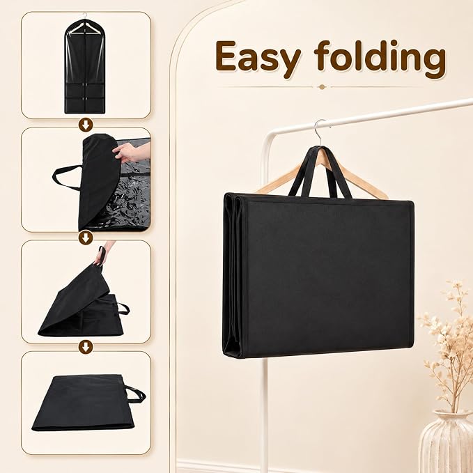 Tranqun 6 Pack 65" Long Wedding Garment Bags for Gowns 4" Gusseted Clear Dress Travel Bag for Hanging Clothes Foldable Wedding Dress Cover with 4 Zipper Pockets for Closet Storage and Travel (Black)