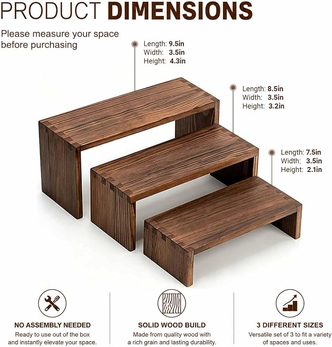 3-Tier Wood Display Riser 2 Set, Tiered Display Stand for Food, Kitchen, Desk & Party - Solid Pine Wooden Shelf & Organizer for Plants, Collectibles, Office (9.5/8.5/7.5 In)