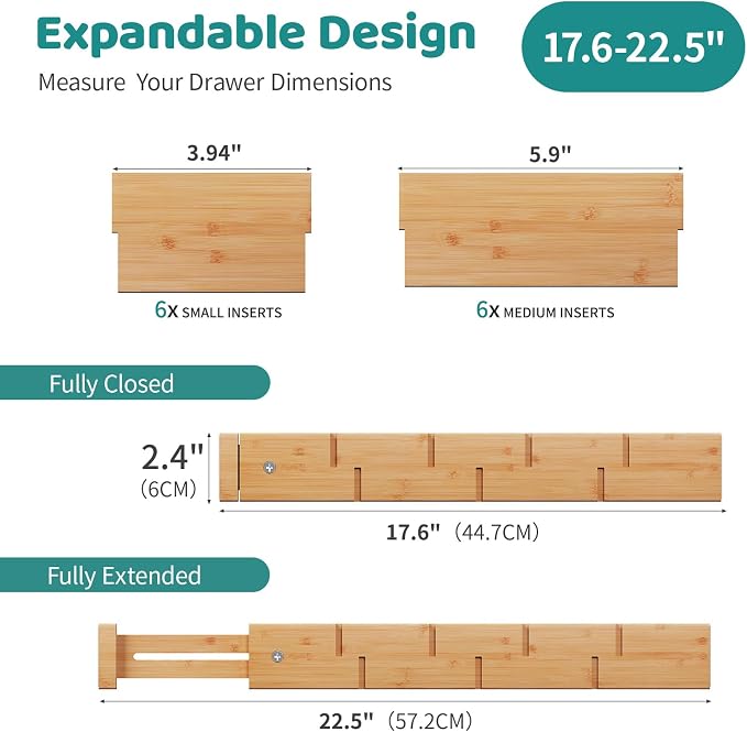 6 Pack Bamboo Drawer Dividers with Inserts, Kitchen Adjustable Drawer Organizers, Expandable Organization for Home, Dressers, 6 Dividers with 12 Inserts