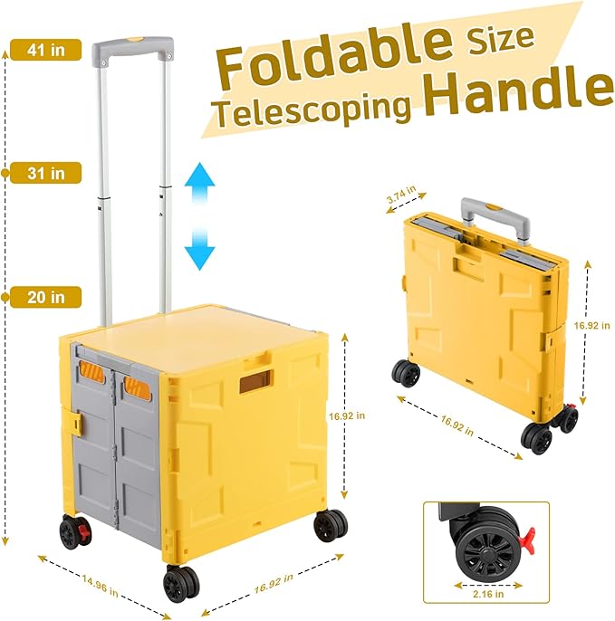 FELICON Folding Utility Cart Portable Rolling Crate Handcart with Durable Heavy Duty Plastic Telescoping Handle Collapsible Hidden Lid 4Rotate Wheels for Travel Shop Move Office Teacher(Yellow&Gray)