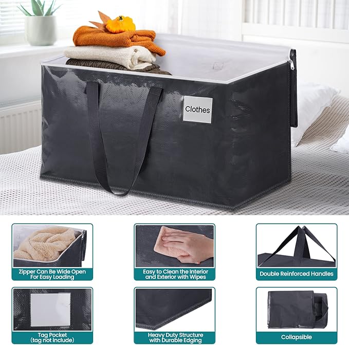 Fabspace Moving Bags Heavy Duty with Strong Zippers and Handles Collapsible Moving Supplies, Storage Totes for Packing & Moving Storing 125L 4Pack