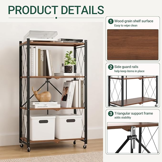 black leopard 4-Tier Foldable Shelf with Wheels, Wood-Grain Steel Shelves | Pre-assembled frame unfolds in seconds with tool-free wheel setup for fast, convenient use