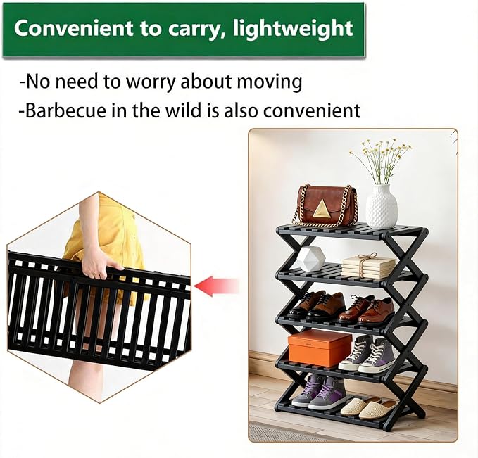 5 Tier Bamboo Shoe Rack Black,Portable Folding Shoe Storage Rack,Without Installation Small Shoe Rack Perfect for Corridors, Drom, Bedrooms and Small Spaces