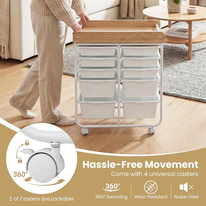 LDAILY Rolling Cart with Drawers, 10 Drawer Rolling Storage Cart with Wooden Tabletop, Metal Frame & Lockable Wheels, Craft Organizers and Storage for Home Office Classroom (White, 10 Drawer)