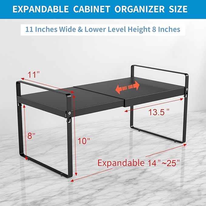 11" Deep Expandable Cabinet Organizer Shelf Riser, 14-25" Adjustable Heavy Duty Metal Pantry Storage Rack for Kitchen Cupboard, Under Sink & Countertop, 10" High Space Saver, 1-Pack Black﻿