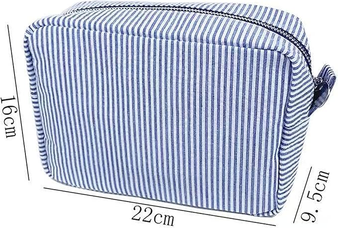 Large Capacity Striped Pencil Case Cosmetic Bag with Zipper Portable Stationery Organizer Pouch for School Students Teens Travel Toiletry Bag (Light Blue)