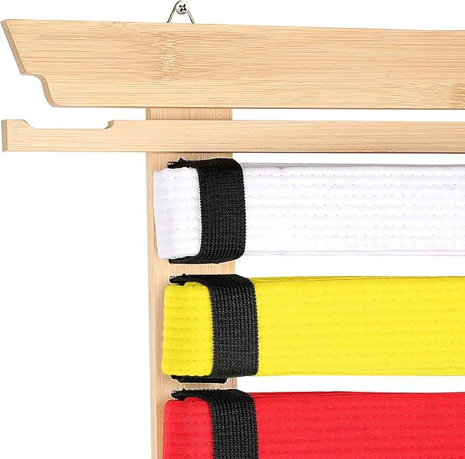 JUXYES Wall Hanging Martial Arts Belts Organizer for 8 12 Belts with Medal Hanger and Stickers, Bamboo Karate Belt Display Holder Rack, Taekwondo Belt Display Holder for Martial Arts Learners