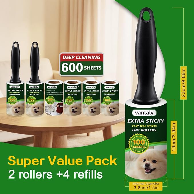 Lint Rollers for Pet Hair Extra Sticky | Large quantity and durable,deep cleaning,Reusable,600 Sheets Value Set,Daily cleaning tools,2 Upgraded Handles