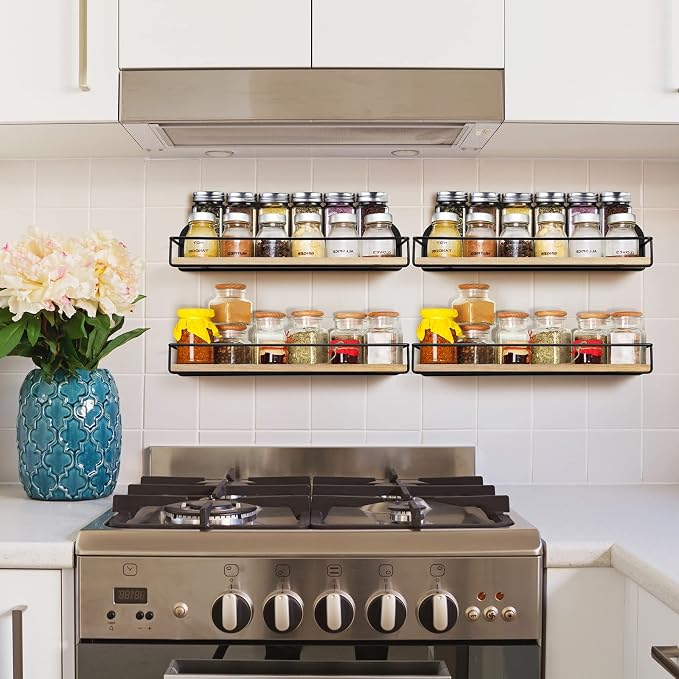 TJ.MOREE 4 Pack Spice Rack Wall Mounted Rustic Style Hanging Spice Organizer for Wall, Kitchen Spice Storage, Black