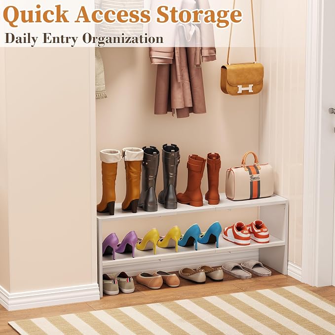 X-cosrack White Stackable Shoe Rack for Closet, Expandable 31.6-39.4 Inches 2-Tier Wooden & Metal Shoe Storage Shelf, Free Standing Shoe Rack for Entryway Bedroom Small Space