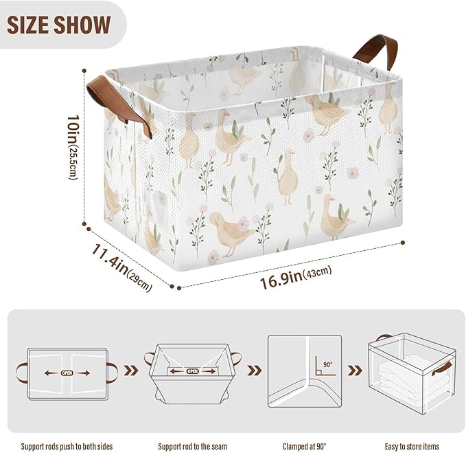 Cute Goose with Floral and Leaves Storage Basket Foldable Cube Storage Bins with Handles&Label Collapsible Organizer Box Bin Large Rectangle Decorative Baskets for Shelves Home Living Room Closet-2 PC