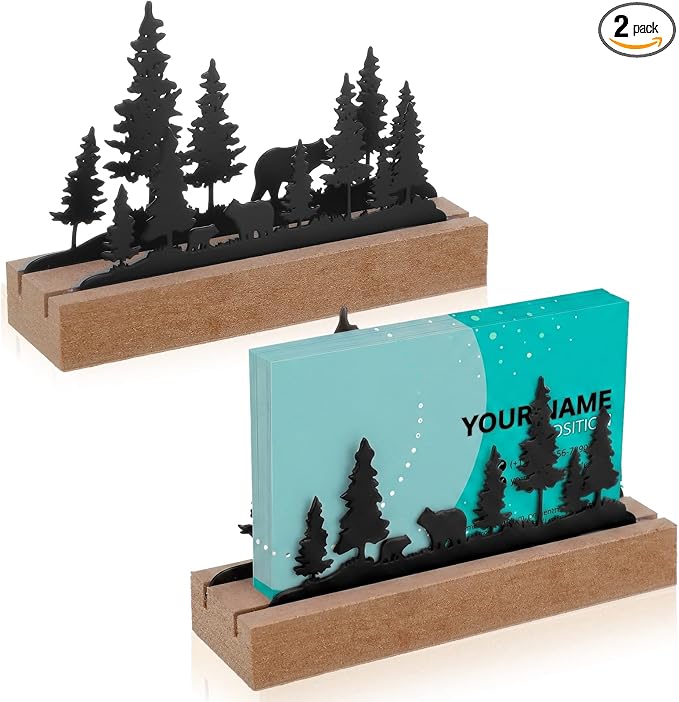 CroBlissful 2 Pcs Bear Business Card Holders for Desk, Wood&metal Black Cabin Bear Forest Silhouette Business Card Display Stand for Home Office