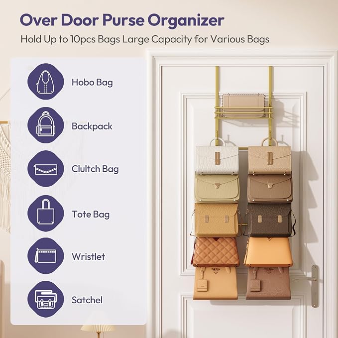 SWTYMIKI Over the Door Purse Organizer - Wall Mounted Handbag Organizer with 10 Hooks and Metal Basket, Hanging Purse Storage Rack Holds up to 10 Bags, Bag Rack Can Use As 1/2 Part, for Door, Closet