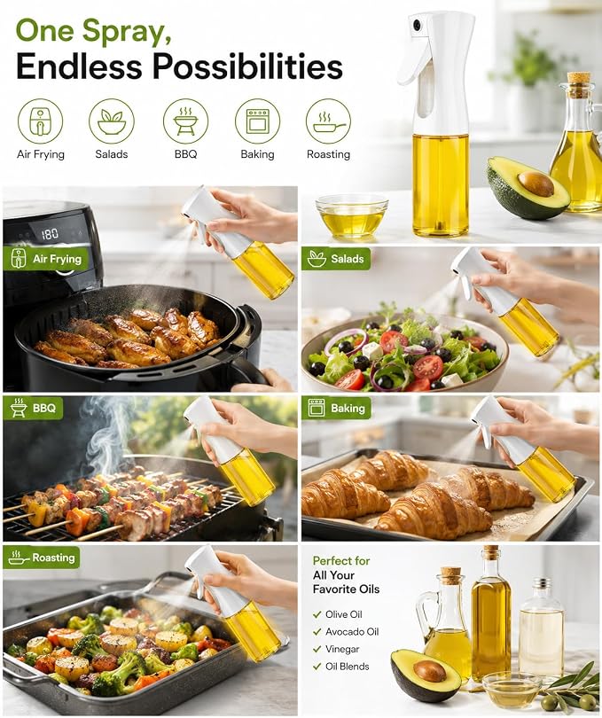 Oil Sprayer for Cooking 230ml Glass Olive Oil Spray Bottle, Refillable Oil Sprayer for Air Fryer, Salad, Baking & BBQ, Kitchen Gadget (Black Lid)