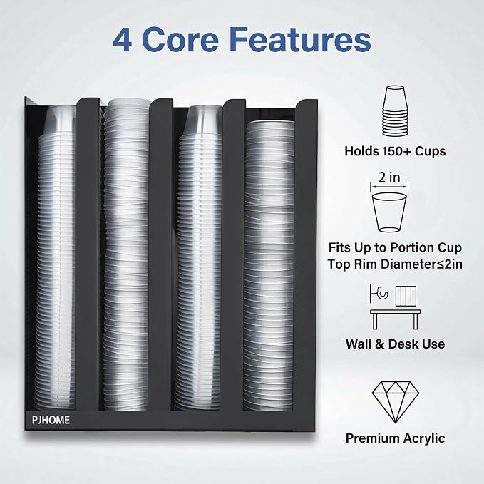PJHOME Portion Sauce Cup Lid Organizer 4 Compartments Plastic Sauce Cup Holder for Counter Wall Mount Disposable Cup and Lid Storage Restaurant Supplies