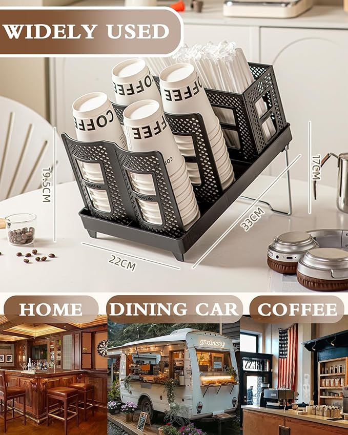 Coffee Cup Holder Organizer Unbreakable 2-IN-1 Paper Cup and Lid Holder with Straw Organizer Adjustable Paper Cup Holder for Countertop Coffee Station Bar Restaurant Breakroom Kitchen Office