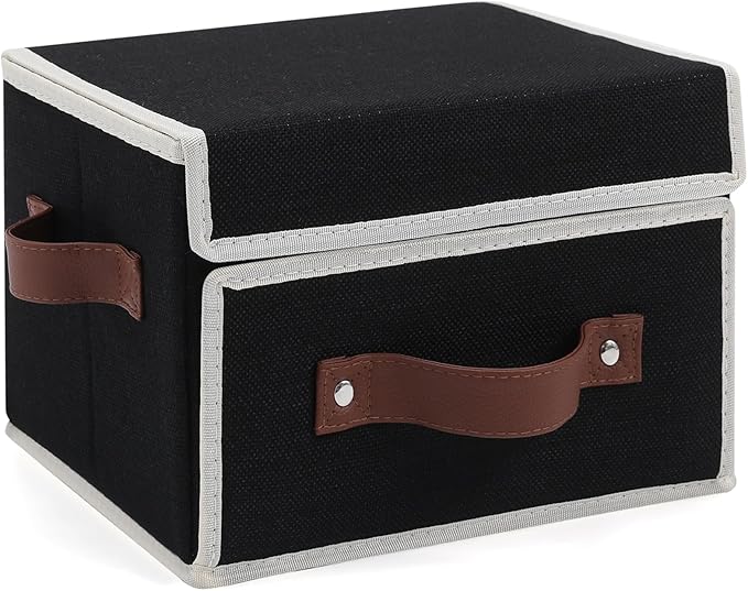 Storage Bins Box with Lids Front Opening Window Decorative Cotton Linen Fabric Basket PU Leather Handles Washable PP Plastic Board Foldable Shelf Closet Organizer Container (Black, Small)