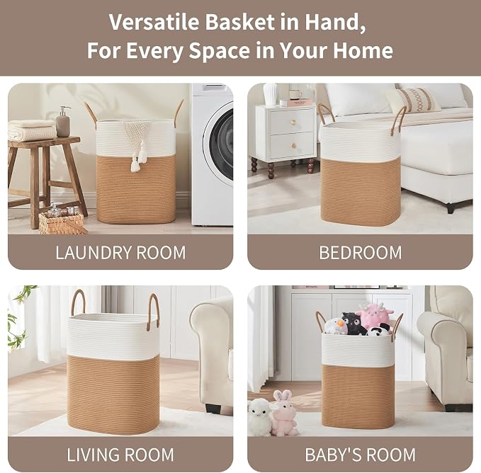 AINUOQI Laundry Basket with Handles - Blanket Basket & Hampers for Bedroom Aesthetic, Laundry Hamper & Blanket Storage for Living Room, Clothes Hamper, Tall, Large 17" x 14" x 22”, White & Jute