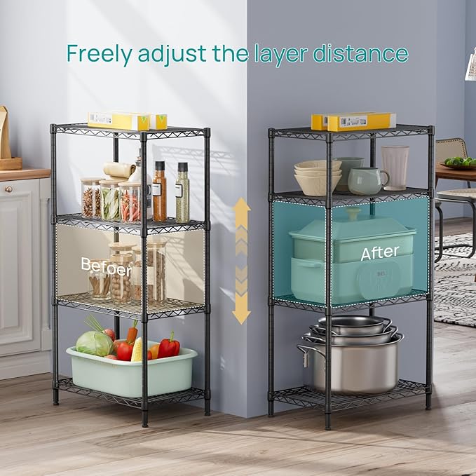 SINGAYE 4 Metal Shelves Wire Shelving Storage Shelf Adjustable Unit Pantry | 4 Tier Kitchen Laundry Room Organization Home Pantry Closet Bathroom Organizers Garage Rack 14" D x 24" W x 48" H Black