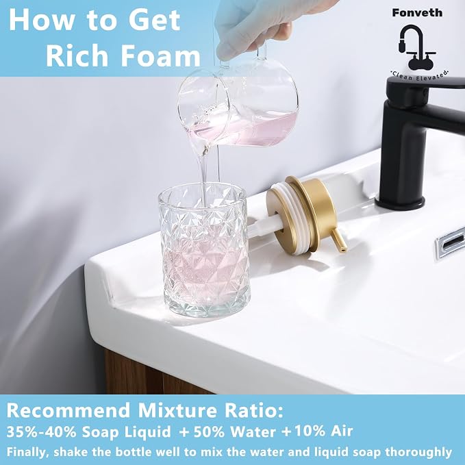 Foaming Soap Dispenser Clear Glass Bottle Gold Pump, Easy Refill and Clean Design Clog-Free Heavy Glass for Kitchen Bath