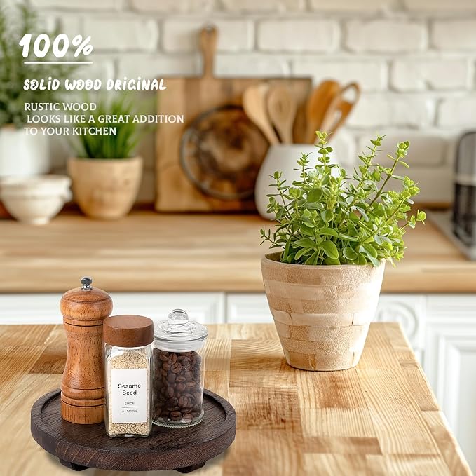 zoocatia Round Decorative Tray Farmhouse Kitchen Decor Soap Dish, 8" Walnut | Waterproof, Lightweight, Easy Clean, Wood Riser Pedestal Stand Accessories for Office Desk, Vanity, Counter, Sink