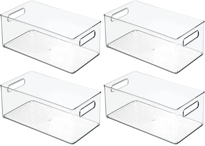 mDesign Deep Plastic Storage Organizer Container Bin, Closet Organization for Hallway, Bedroom, Linen, Coat, and Entryway - Holds Clothing, Blankets, Accessories, Toys, Ligne Collection, 4 Pack, Clear