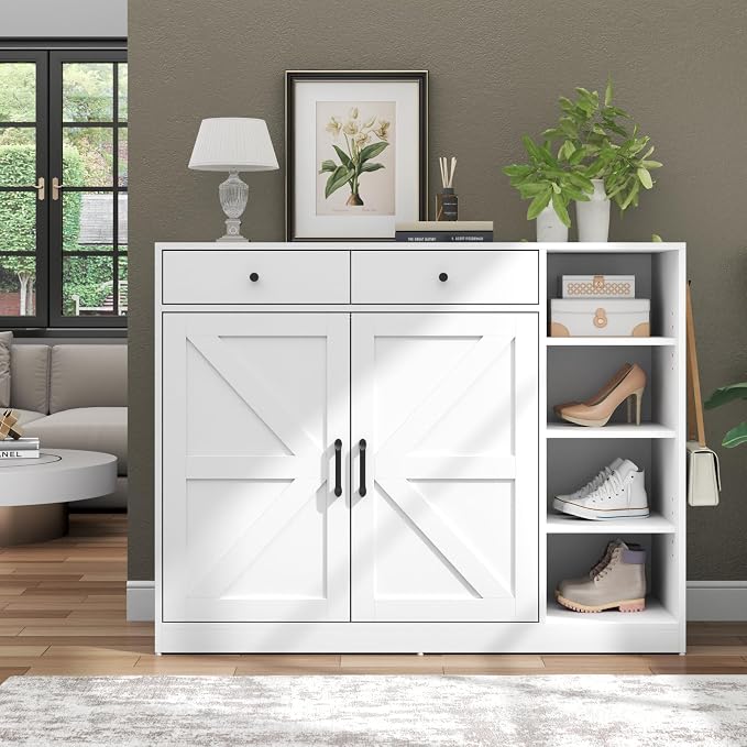 Loomie 5-Tier Shoe Cabinet with 4 Side Cubbies, Farmhouse Shoe Rack Cabinet with 6 Adjustable Shelves & 2 Drawers, Freestanding Shoe Storage Cabinet with 4 Brackets & 2 Hooks for Entryway (White)