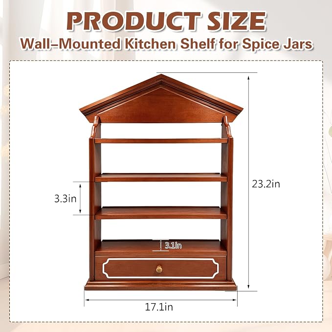 Vintage Wooden Spice Rack with Drawer and 4 Shelves, Wall Mounted Spice Village Display Shelf for Kitchen Storage, Holds 24 Jars, 22 x 17 x 4 Inches, Rack Only