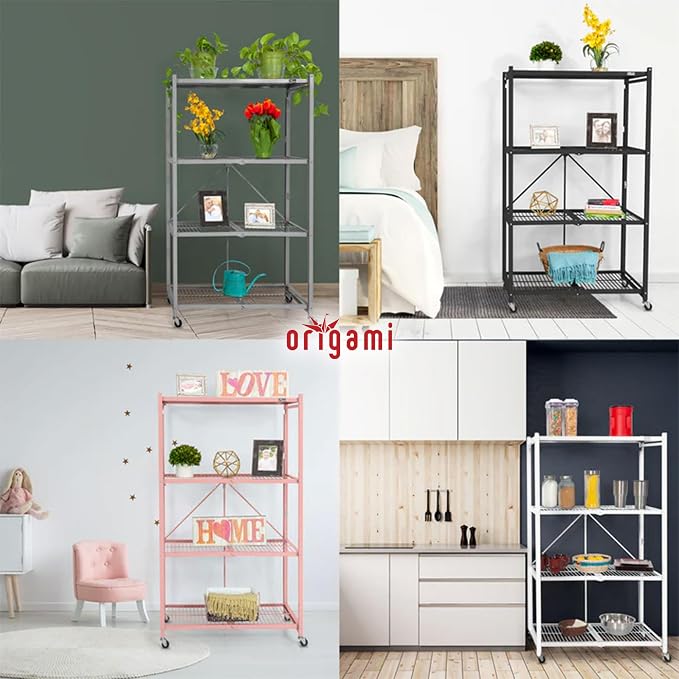 Origami 4-Pack R5 Storage Rack, 4-Tier Heavy-Duty Foldable Steel Shelf with Wheels, White