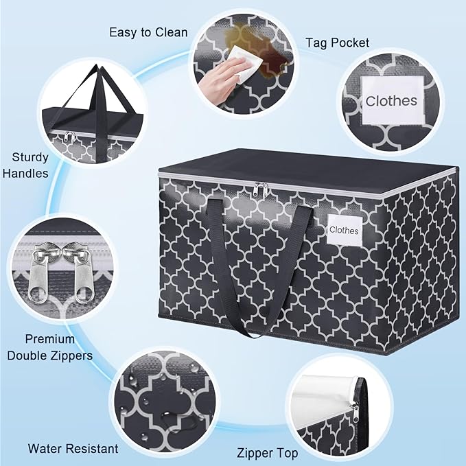 Extra Large Moving Bags, Heavy-Duty Storage Totes with Zipper Top and Sturdy Handles, Moving Supplies for Space Saving and Packing, Collapsible Storage Bags, Black & Gray, 88L, 2-Pack