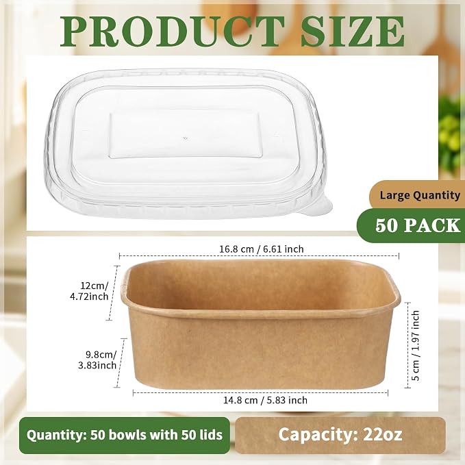 Maxdot 50 Pack 22 oz Disposable Food Containers with Lids Paper Food Containers Bowls for Meal Prep, Salad, Ice Cream, Yogurt, Soup Bowls Party Leftover Box