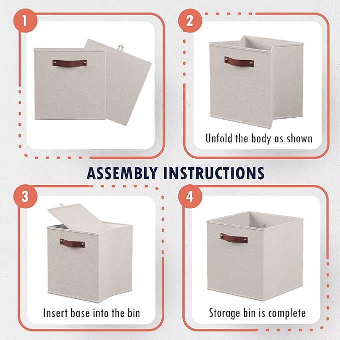 Ornavo Home 11x11 Foldable Fabric Storage Cube Bins, 6 Pack, Beige | Collapsible Linen Shelf Basket Organizer; Leather Handles; Ideal Cube Storage For Closet