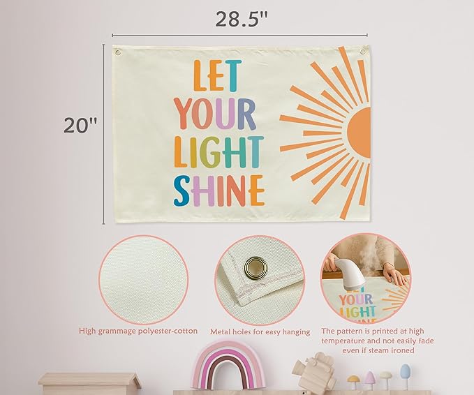Nursery Rectangular Canvas Banner Flag Wall Sign Decor for Baby Boy Girl Kids-Nursery Baby Room Bedroom Playroom Reading Room Decor-Baby Shower Birthday Christmas Gift-Let Your Light Shine