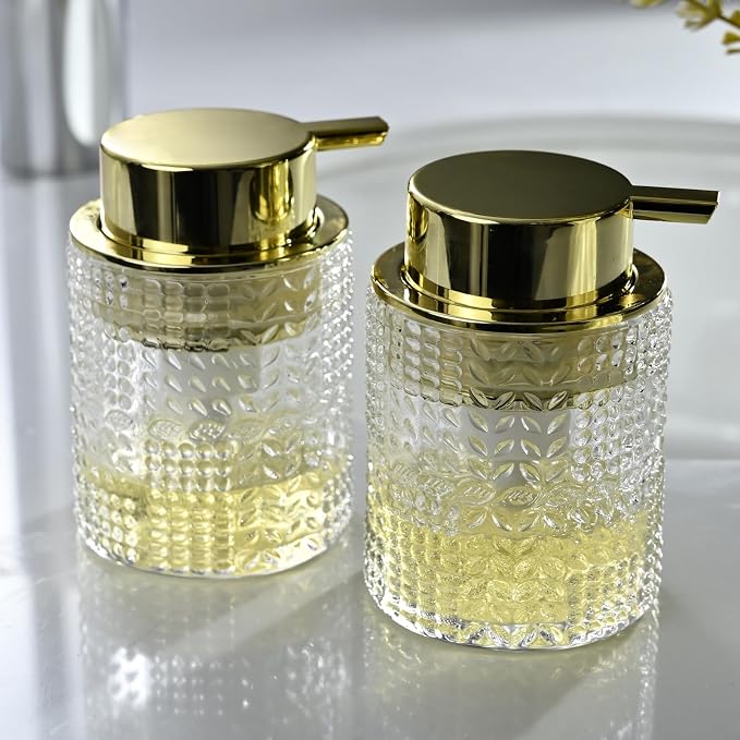CICUFY Foaming Glass Soap Dispenser,Hand Foam Soap Dispenser for Kitchen & Bathroom-2 Pack（B-Type Clear Glass/Gold Pump）