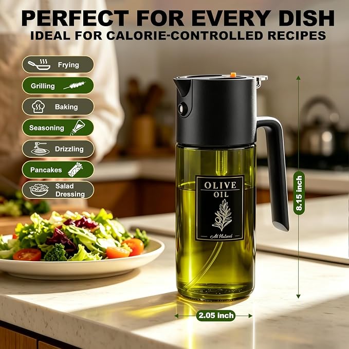 Gelibo 2-IN-1 Oil Sprayer for Cooking, 500ML Light-Blocking Glass Oil Dispenser for Kitchen, Olive Oil Spray Bottle with Leak-Proof,Cooking Spray with Portion Control for BBQ, Air Fryer, Salad - Black