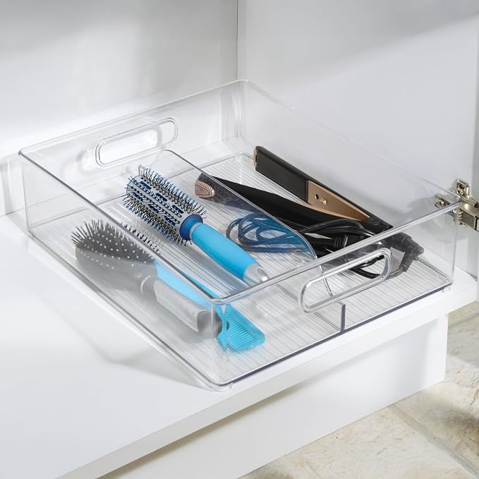 iDesign Divided Pantry Bin with Handle, Clear | For Pantry, For Refrigerator, For Freezer