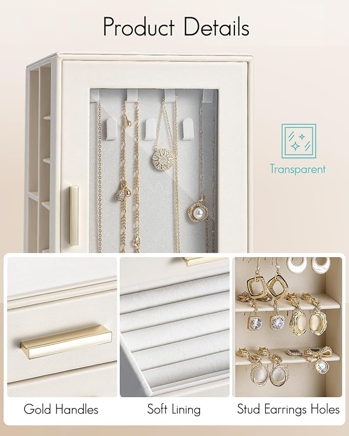 VLANDO 360ｰ Rotating Jewelry Box with 5 Drawers, Large Jewelry Storage with 2 Glass Window, PU Leather Jewelry Organizer for Bracelets, Necklaces, Earrings, Rings - Cloud White