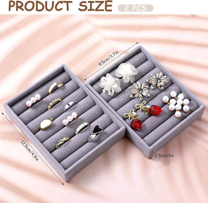 Xthrotsenk 2pcs Small Ring Organizer Ring Holder Display Tray Velvet Rings Earrings Insert Holder for Girl Store Selling or Home Show Storage Jewelry Box, Drawer(Grey)